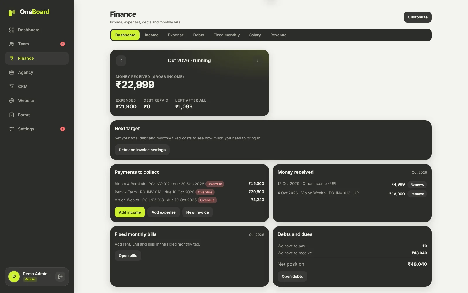 Finance dashboard with money received, expenses and payments to collect