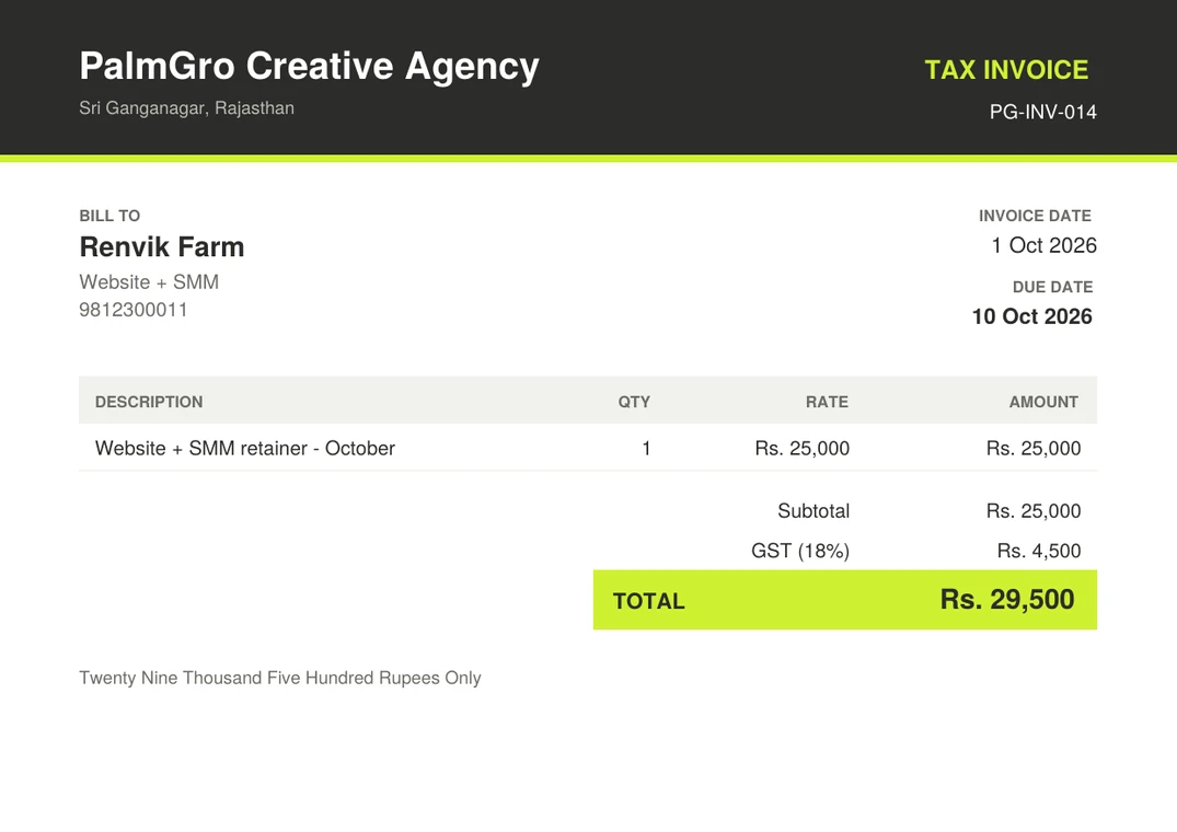 A sample invoice PDF created in the board
