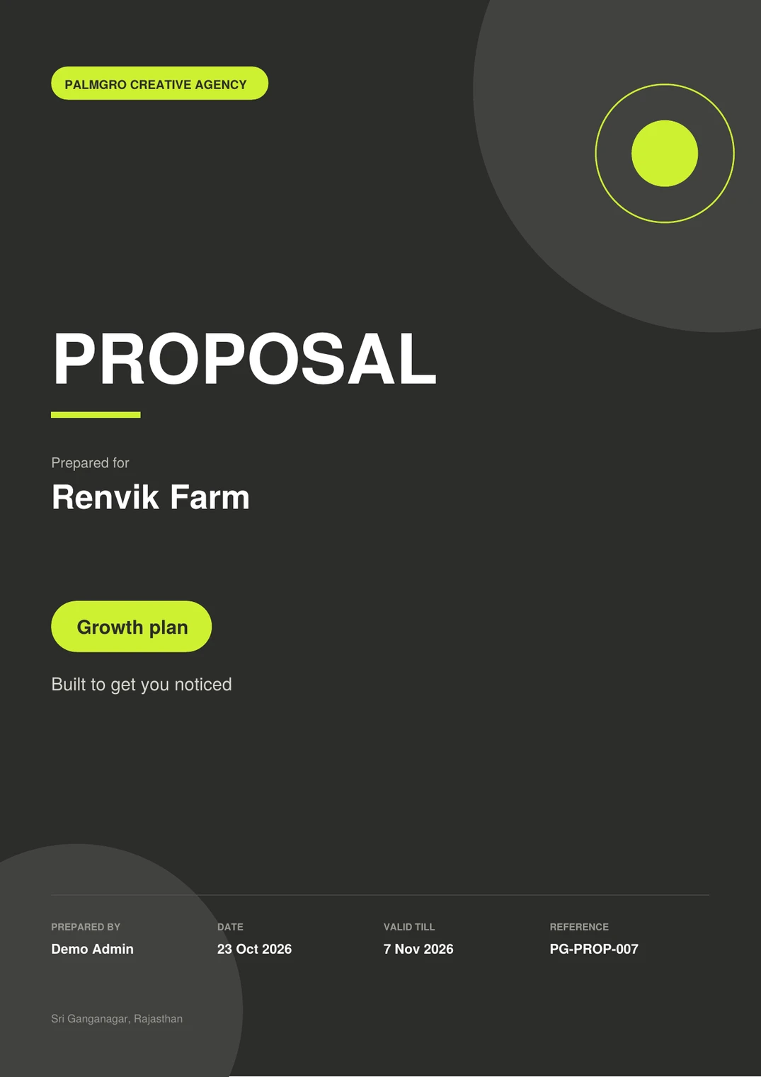 A sample proposal cover created in the board