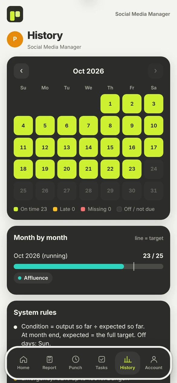 Attendance screen with punch in button and calendar