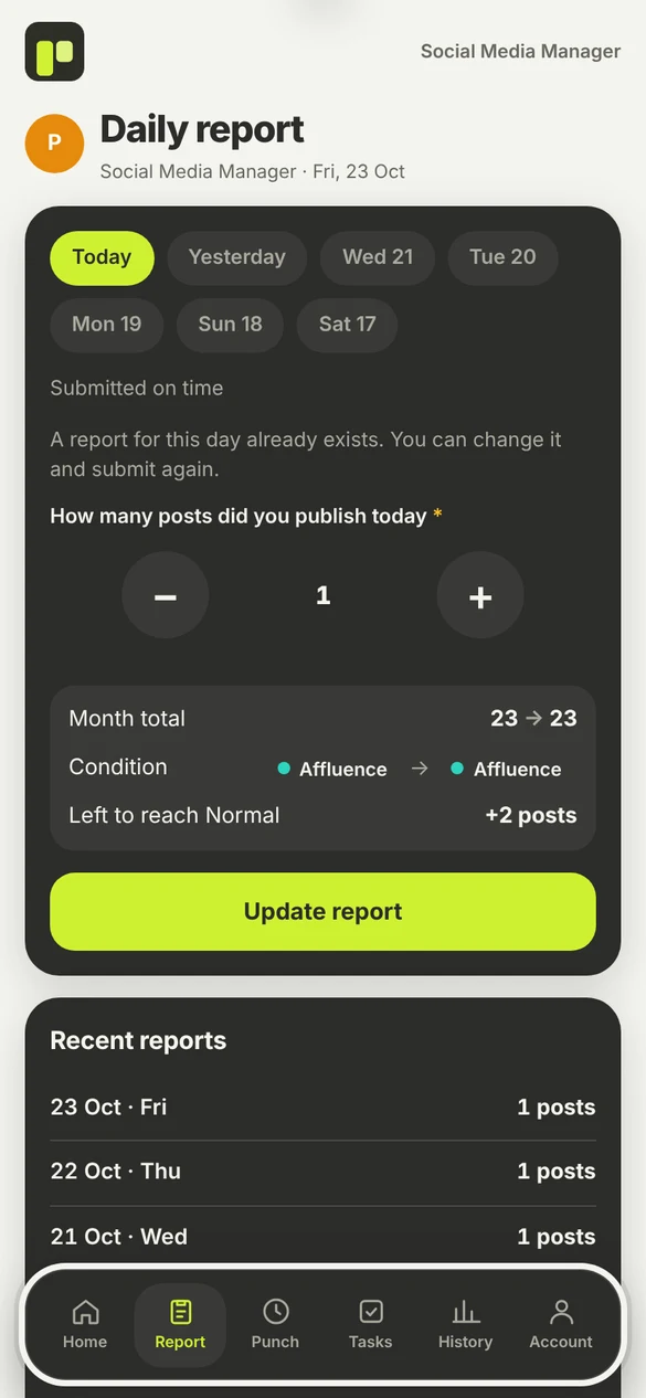 The daily report screen on a phone