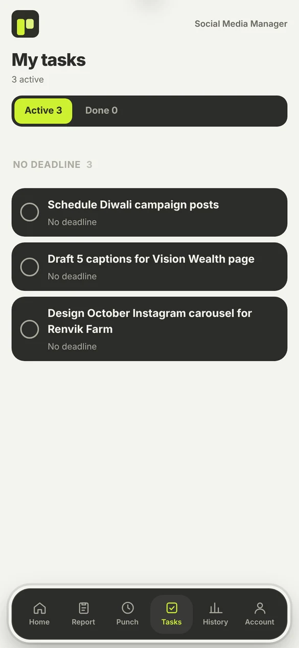 Tasks screen with priorities and due dates